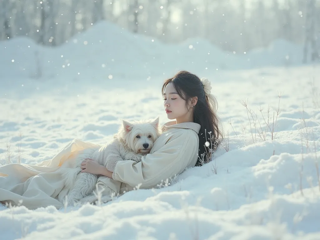 Supergirl is lying down in a snowy field with her dog。Supergirl is holding a West Highland White Terrier、3/4 views
Supergirl is a cute Japanese person in her 20s