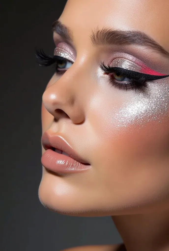 A dazzling makeup look with sparkling eyeshadow in shades of silver and pink, bold eyeliner, and voluminous lashes. The model's face has a soft, glowing base with subtle contouring and a nude lip, captured in striking, high-contrast lighting.