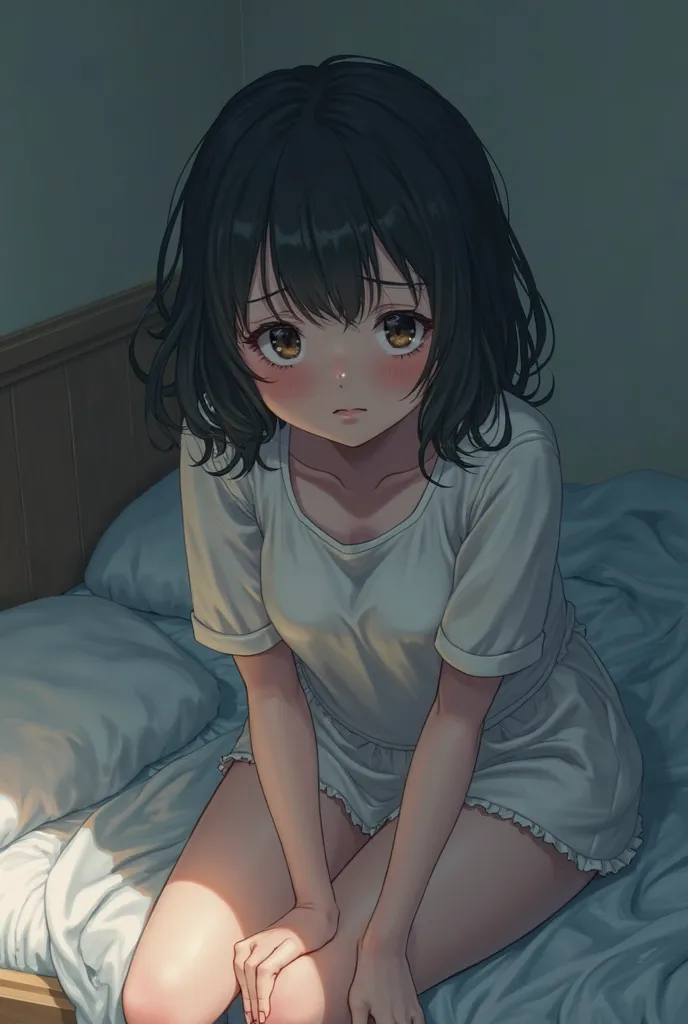 Anime girl, black hair, tears, short hair, wavy cut, sitting on the bed wearing a white miniskirt to the legs, a cute white blouse, sitting on the bed in a quiet atmosphere.