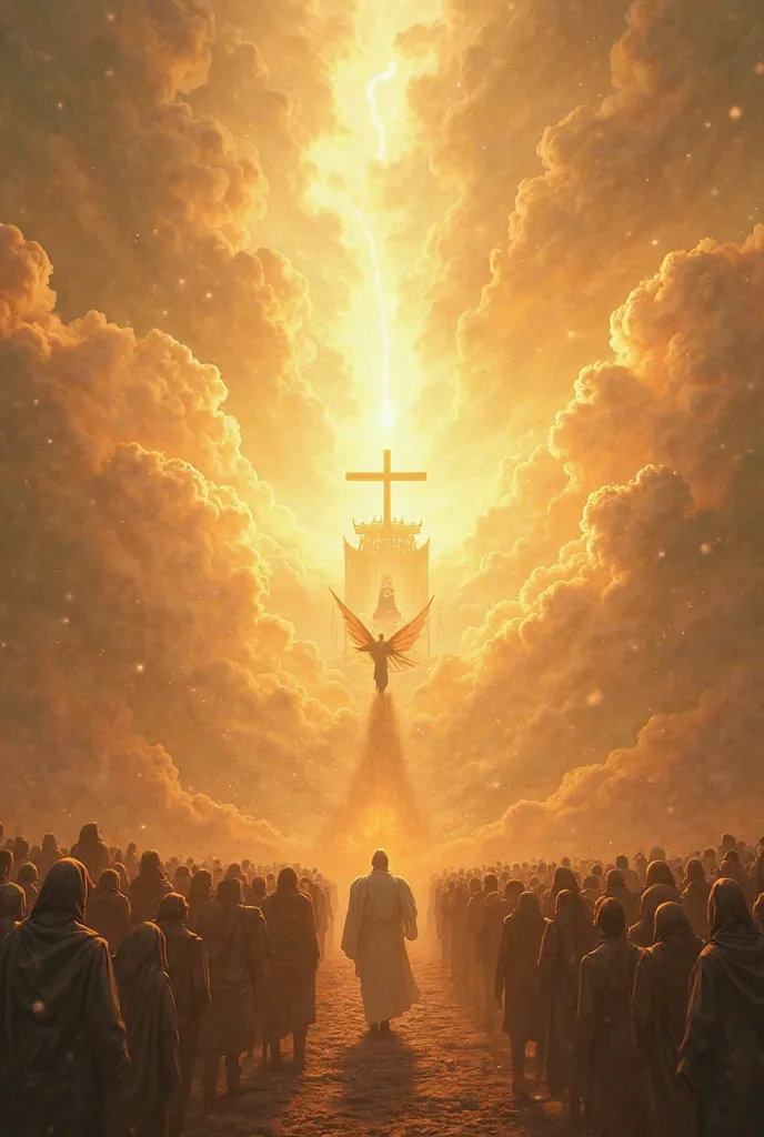 "A powerful and divine scene where the resurrection scene is unfolding. The sky is full of golden and shining clouds, a wide light spreads around, symbolizing purity and power. In the middle is a great and impressive throne (Takht) surrounded by light, fro...