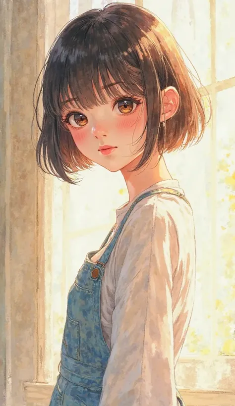 Bob Cut Girl,Earpick,Small face,beautiful eyes, watercolor風,high quality,4K,High Details, watercolor,Realistic eyes,Graceful Standing Position,handjob,Room with Sunlight,bright vibe,Delicate brushwork,Clear Colors,Soft texture,face up