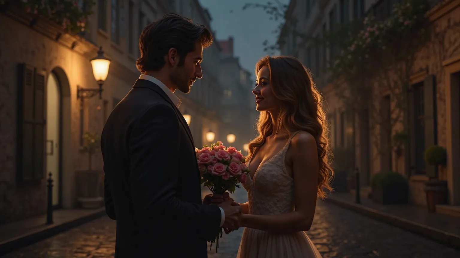 evening, darkness. a beautiful sexy woman and a man with flowers in their hands meet on the street