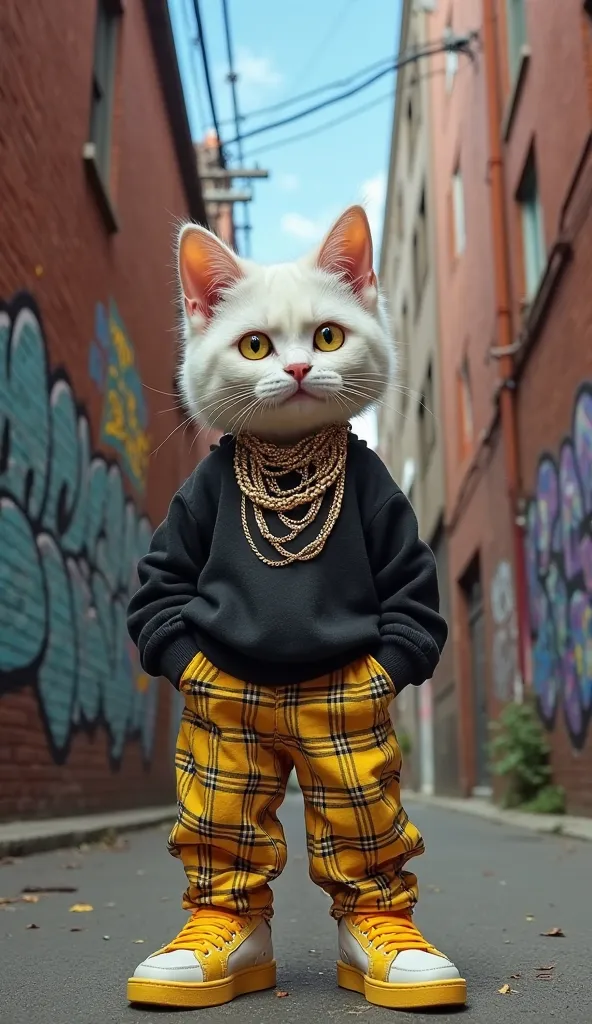 A highly realistic anthropomorphic cat standing confidently in a narrow urban alley with graffiti-covered brick walls. The cat has white fur, piercing yellow eyes, and wears large gold hoop earrings along with multiple gold chain necklaces. It is dressed i...