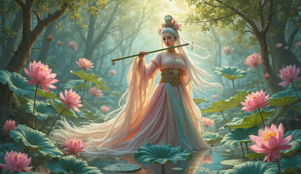 Masterpiece, High Definition，She is in a forest playing bamboo flute surrounded by exquisite flowers of varied and striking colors Lotus Poolside，A beautiful ancient Chinese woman，Strokes, long white hair, Lotus head ornament，Big breasts，A Beautiful Ancien...