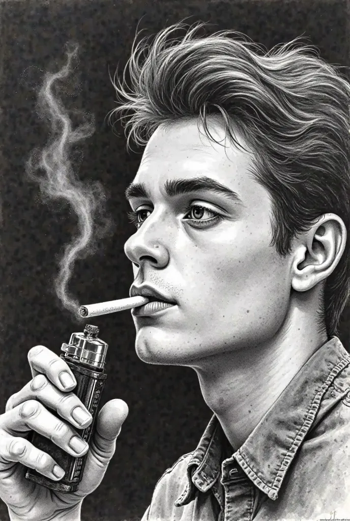 ((meilleure qualité)), ((chef-d'œuvre)), (détaillé), ink drawing sketch of a close up view of a young man with cigarette on his mouth, trying to light a cigarette with a "Jack Daniel's" lighter Switch and smoke, background should be night dark and maybe so...