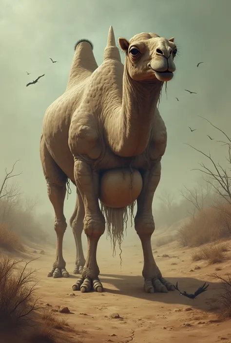 Ugly camel with large testicles in between legs in safari cursed