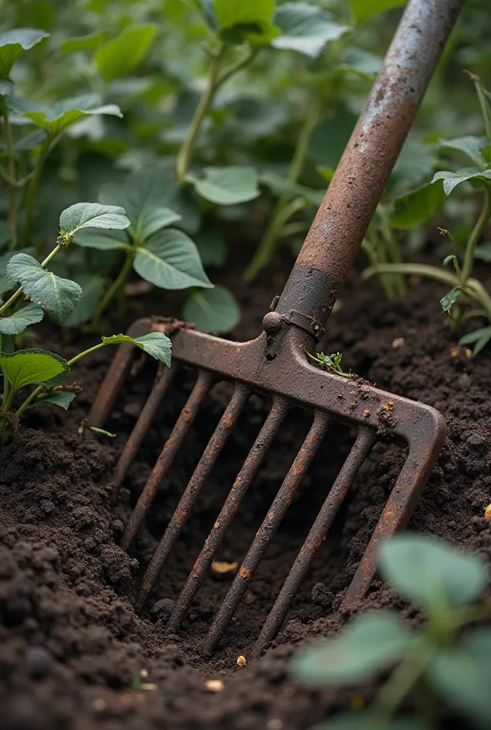 Buried rake in the soil