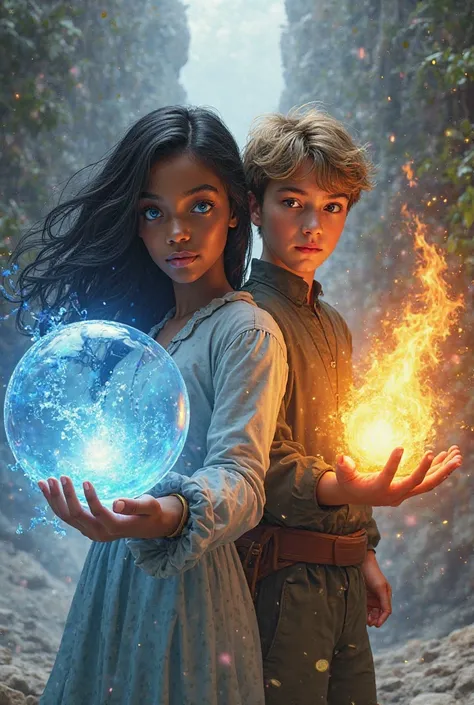 A black girl with blue eyes and black hair who has the power of water in her hand and next to her brother who is mixed with light brown hair and blue eyes and who has in that hand the power of fire 