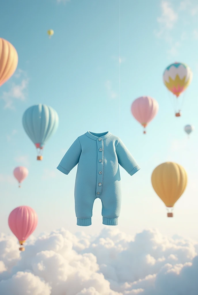 generate an image of baby romper in sky with ballon no character and ad any logo and headline BABY FASHION