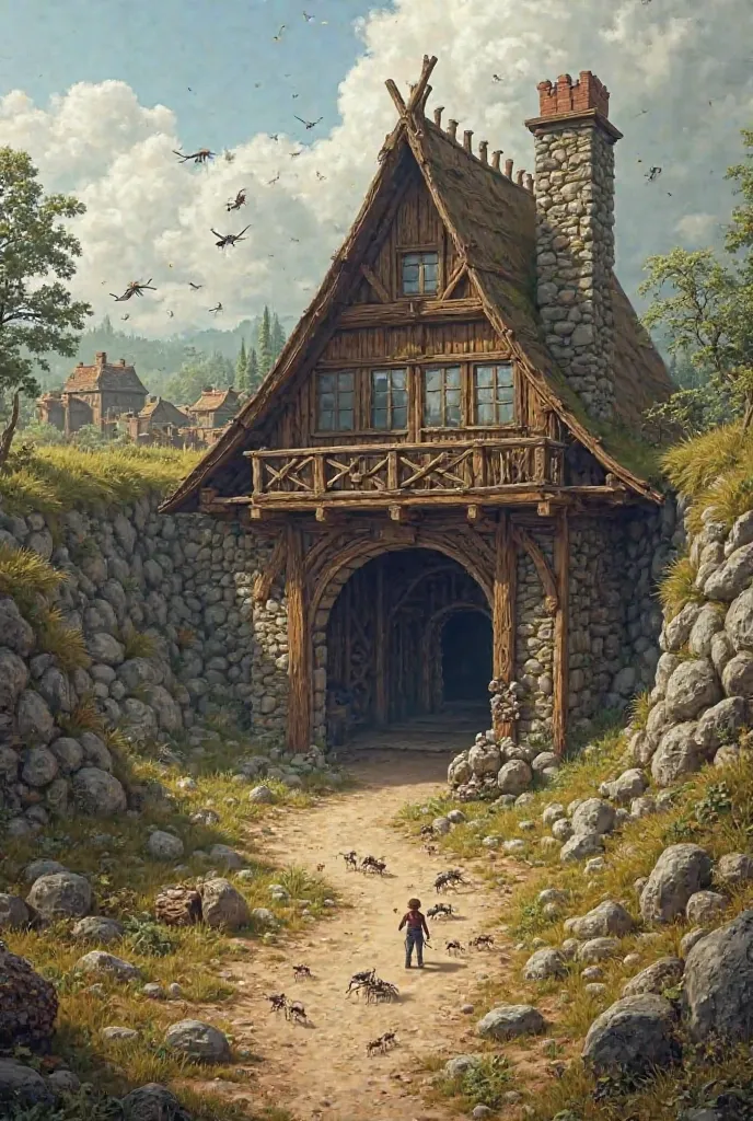 I want a giant anthil in centre with two tunnels around the wooden house like fort around the fort is tunnels and the ants around it also and some vehicles where human unloading stuff and ants helping them give them joy ride 