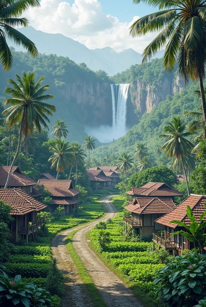 Indonesian village with several rural houses with roof tiles,waterfall in the distance,asphalt road, palm tree ,vegetable crops,iPhone camera