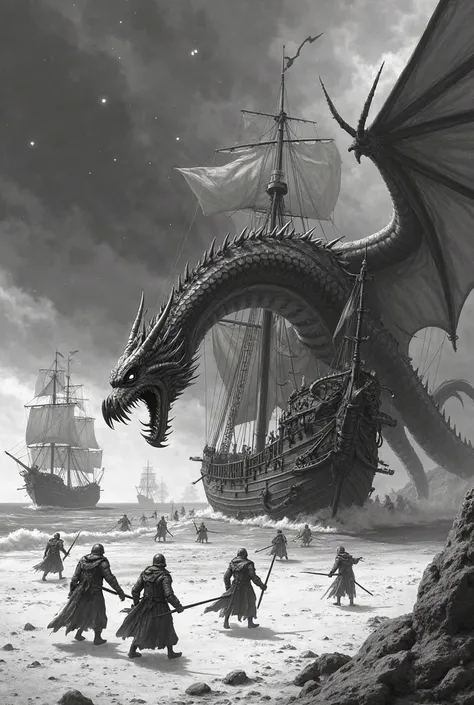 Ships sailing on the sand. Dragon biting a ship. Crew attacking the dragon. illustration for black and white book