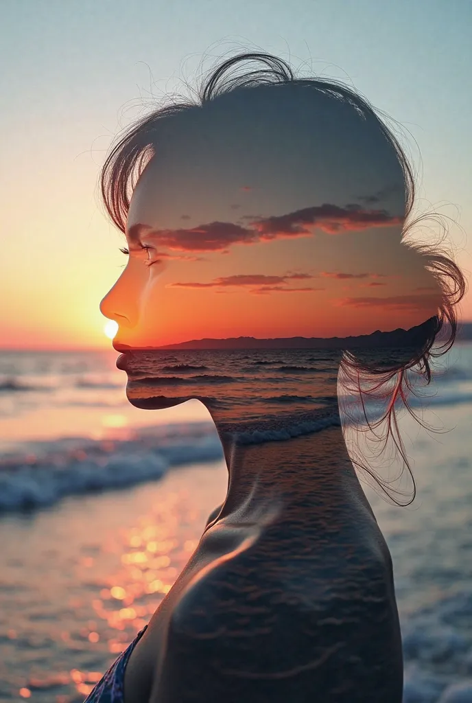 Alta calidad, 8K ultra HD, Una hermosa  double exposure que combina una silueta de diosa con la costa al atardecer, the coast at dusk should serve as a backdrop,  with its details incorporated in the goddess, sharp lines, The background is monochrome, shar...