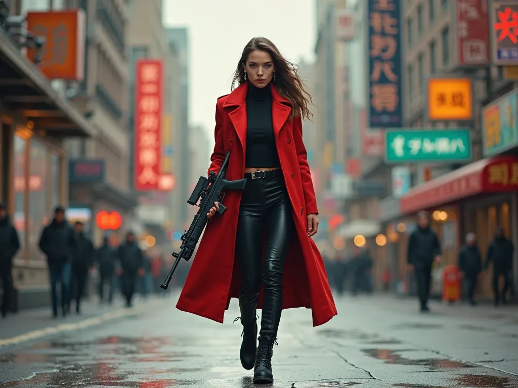 beautiful woman dressed in red overcoat black pants and tactical boots holding a rifle, walking on a sidewalk of a busy street