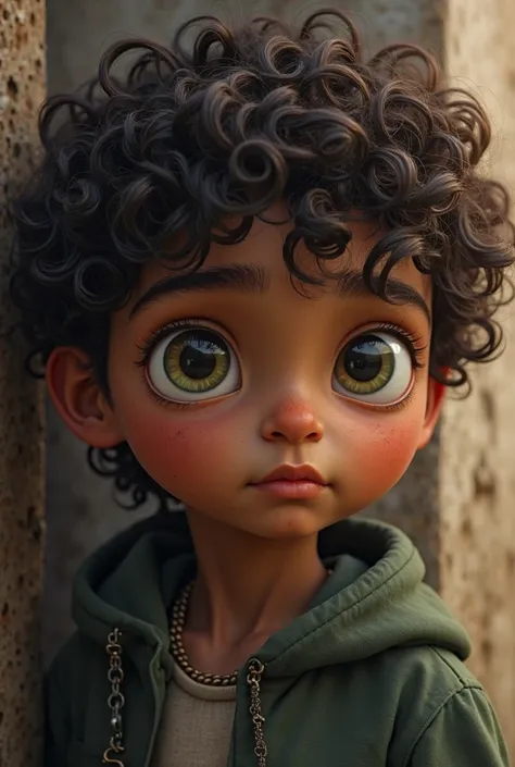  boy, dark brown skin, Large black lenses with green details, slightly waton but healthy, dark brown hair with curls, brown eye pupil. Standing next to boy with brown hair, light skin, going from dark, black fur, and face that seems like a mercenary.