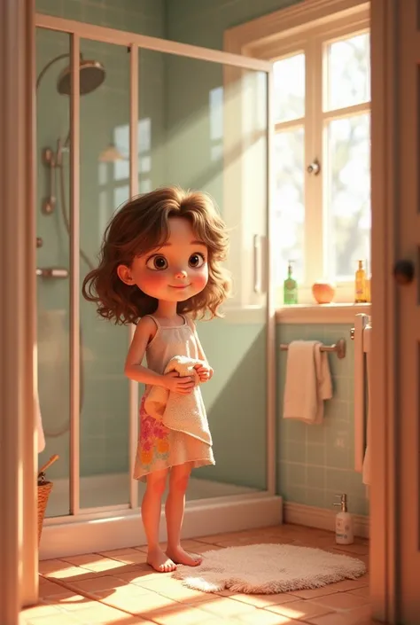 I want to create a Disney Pixar-style image of a  girl, medium curly hair, light brown skin,in the bathroom next to a glass shower preparing to take a shower