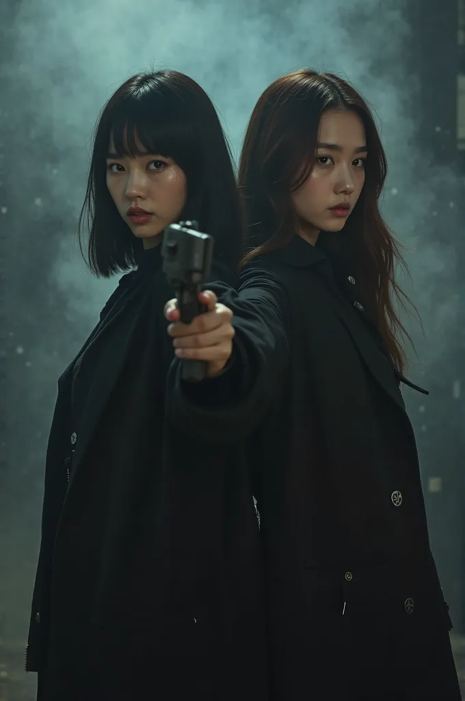 Make two girls from a kpop group in an atmosphere of smoke and black clothes, one with black hair and bangs holds a gun and the other is behind her with brown hair. 