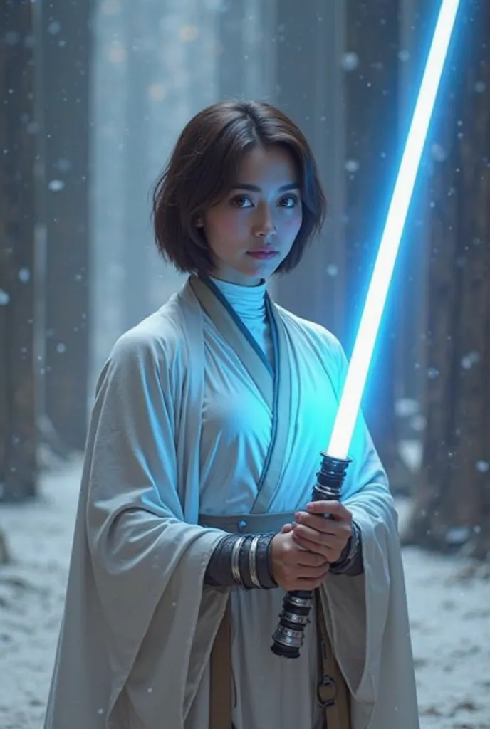 Create an image of a Jedi Knight wielding a light sabre in the color blue, The setting is Star Wars-themed, The character is a woman with short hair at shoulder height, The clothes are white with gray details 