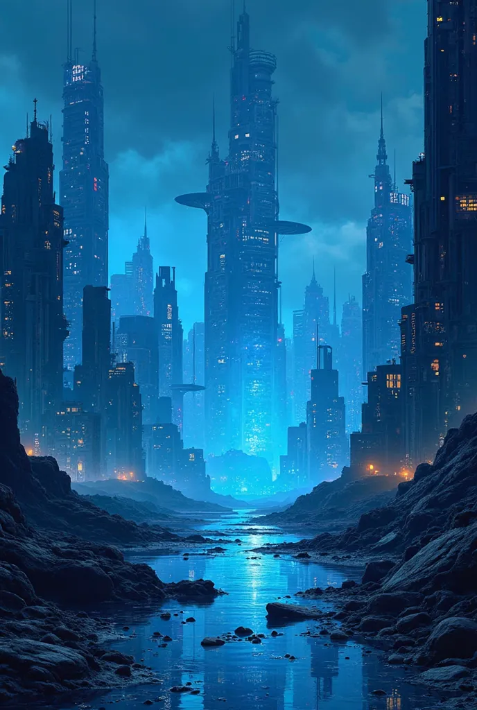  Create a background, landscape, buildings, cyberpunk science with striking blue, make it an attractive image to make a poster 