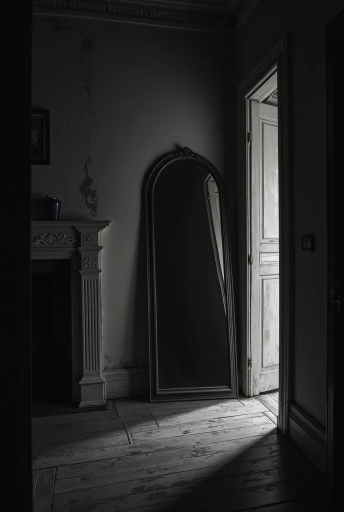 A mirror cornered in a white mantle covering half of a room with darkness, an image of Horror with suspense in black and white 