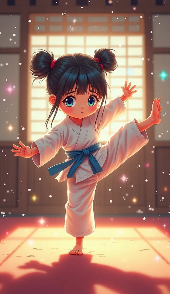 A cute, determined six-year-old girl with big eyes and double buns, wearing a white martial arts uniform, practicing high kicks in a small dojo. Sweat glistens on her forehead as sunlight streams through paper windows, illuminating her focused expression.
...