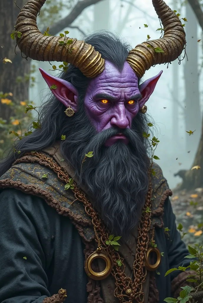 An approximately 50-year-old Tiefling Druid, with purple skin and bright golden eyes. It has large, curved horns adorned with gold rings and elongated ears with multiple piercings.. His face is covered by a long and dense beard, mixed with leaves and small...