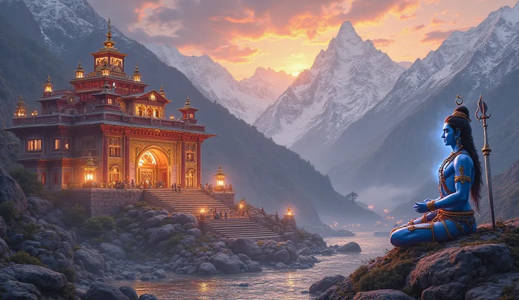 
*"A mesmerizing 3D scene of Badrinath Temple, surrounded by the majestic snow-capped Himalayas during a serene twilight. The temple, with its vibrant red and yellow façade, is glowing under the soft golden light of oil lamps. In front of the temple, Lord ...