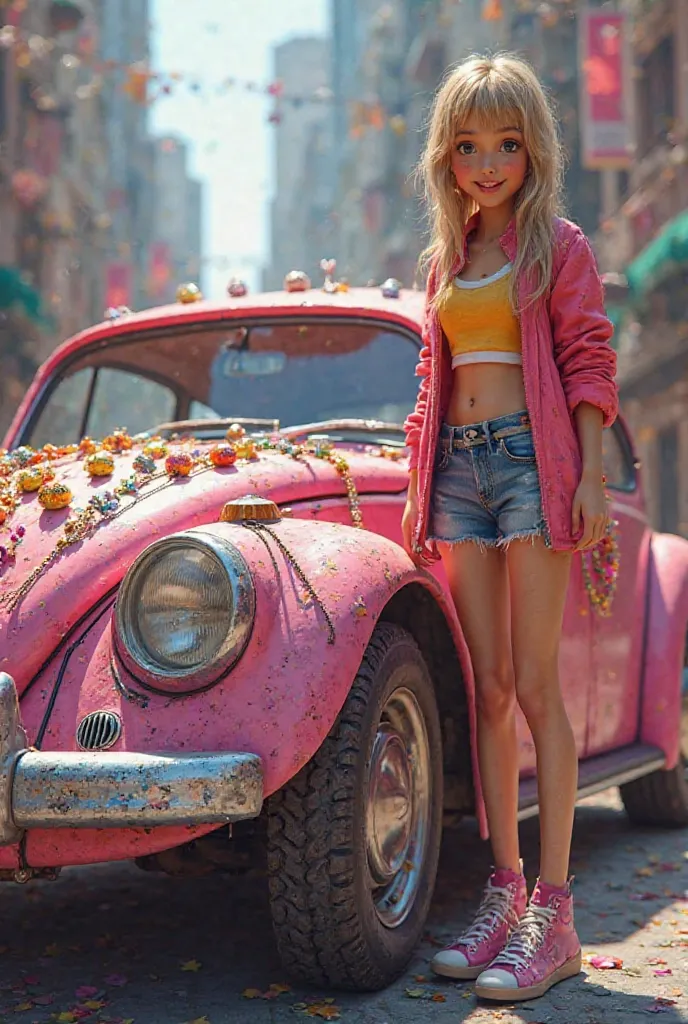 the girl is standing next to a bright pink car decorated with necklaces 