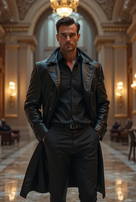 Medium build white American male with short black hair wearing black shirt with black pants and black leather trench coat inside a mansion lobby