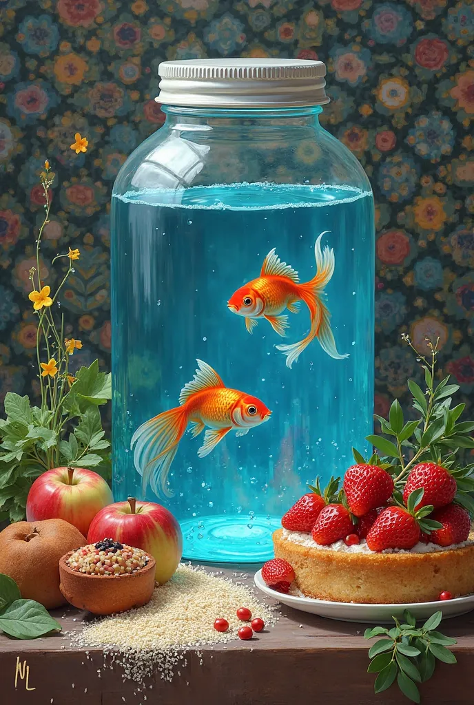 A jar full of azure blue jelly with two goldfish swimming inside. Place the jar next to a strawberry cake, and apples, greens, and semolina, and an ancient Persian seven-sin.