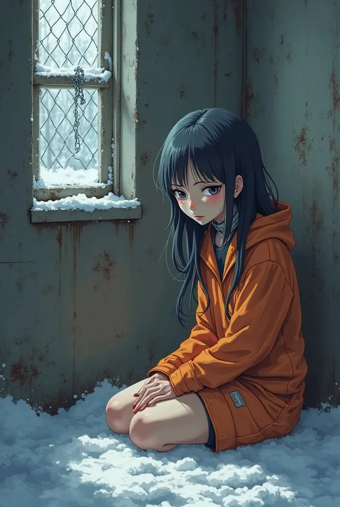 , beautiful sad anime girl sits under prison windows in an old dirty very torn orange prison suit with prison shorts barefoot. chained to a Siberian big old ugly rusty snow prison. She cries a lot. She's not ready for the cold and is very cold.  She's abou...