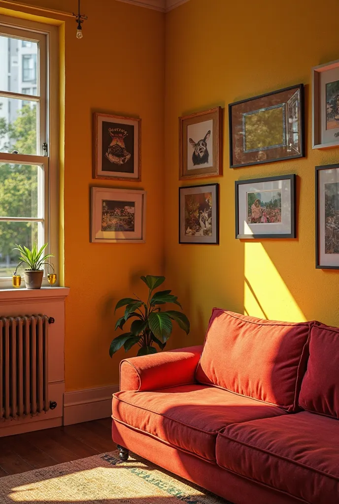 A simple Brooklyn apartment without plants, shades of yellow and red, with a corner wall with frames and a closed exit door. 