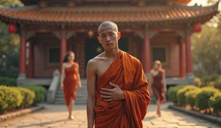 a young monk standing in front of a temple,full body,half view,in the background girls are standing beside the temple wearing less clothes,open,8k,highly detailed,photorealistic,hyper realistic,masterpiece,cinematic lighting,dramatic atmosphere,intricate d...