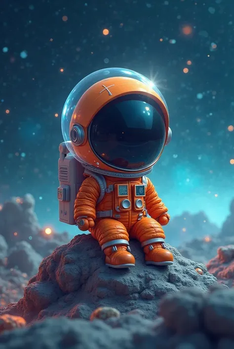 A cute, chibi-style astronaut wearing a vibrant orange space suit with a large, reflective helmet sits on a small, cratered asteroid floating in space. The background is a deep, dark cosmic expanse with soft glowing blue highlights, giving a dreamy and fut...