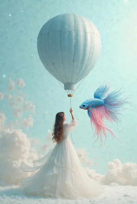 A surreal fantasy scene featuring a young girl in a flowing white dress with delicate lace details, standing gracefully against a soft pastel background. Her long, wavy hair flows with the movement as she holds onto a large, elegant hot air balloon in a so...