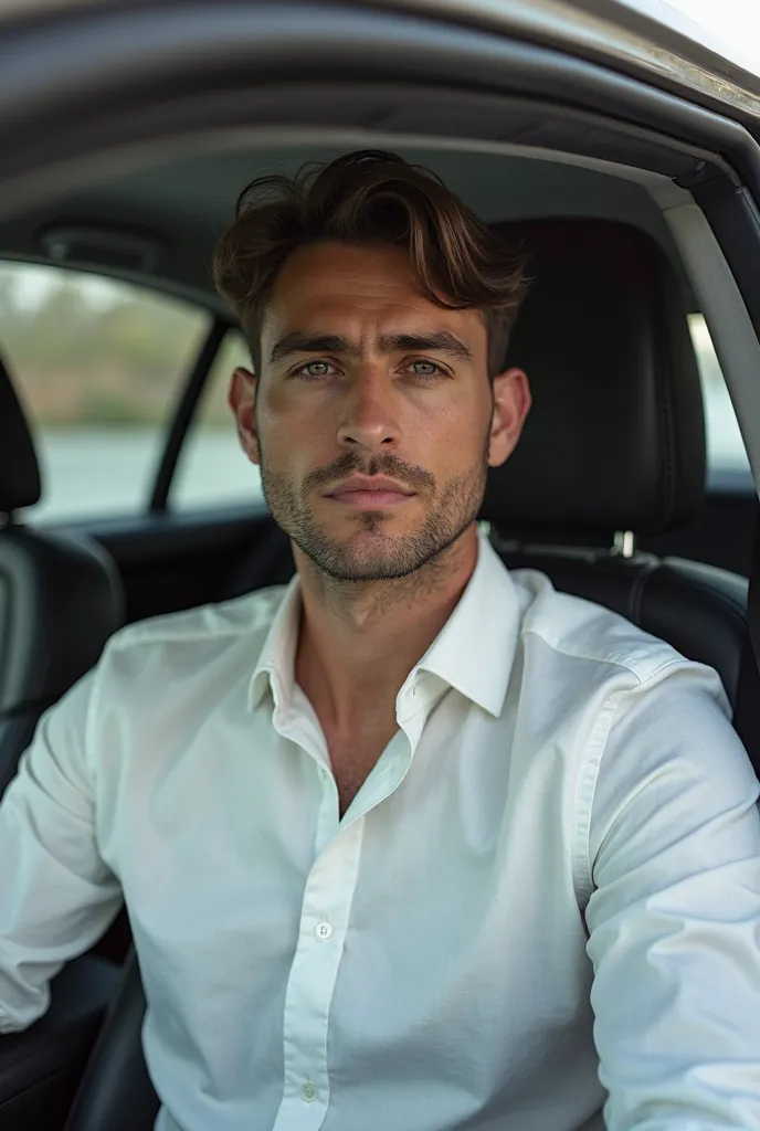 arafed man in a white shirt sitting in a car, a picture by Alexander Runciman, reddit, tachisme, around 1 , azimov, 2 , 2 , 2 , 2 , 21 years old, aykut aydogdu, professional picture, around 20 yo