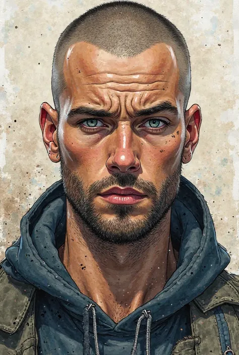  current comic book style, comics, watercolor,  25-year-old man , thin beard, stubble, Cut on the eyebrow,  shaved hair , buzzcut, Serious, greyish blue eyes