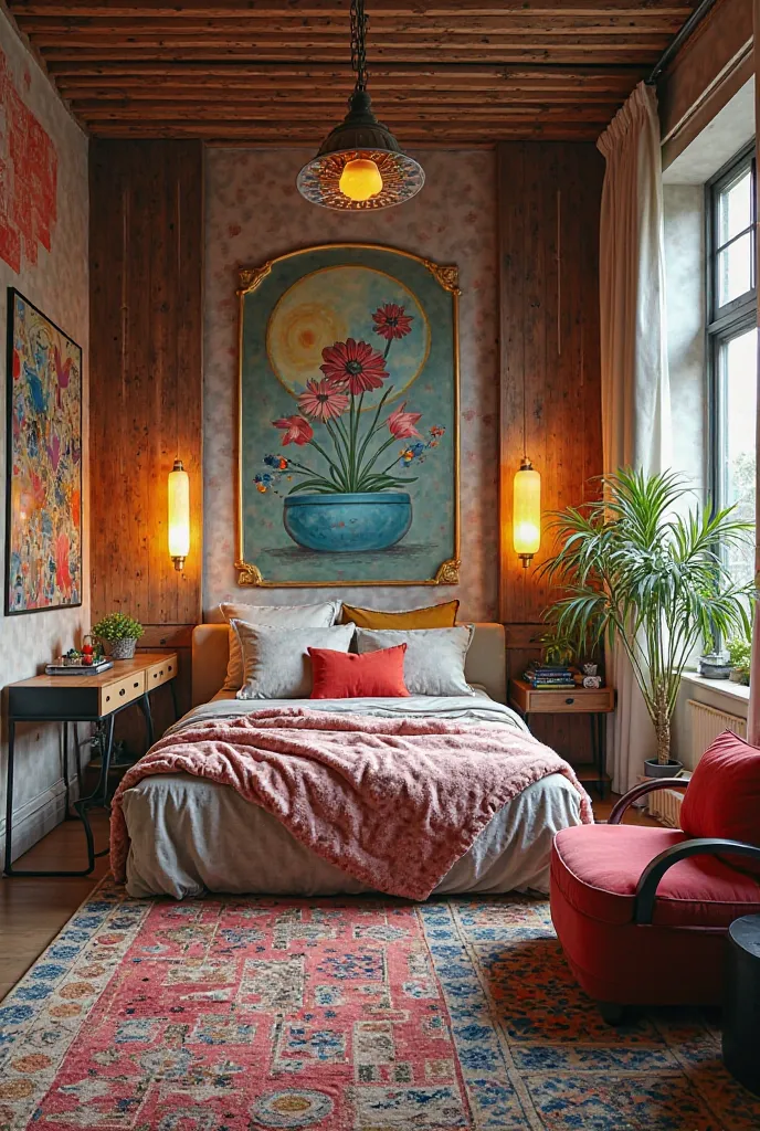 View of an eclectic bedroom, modern 