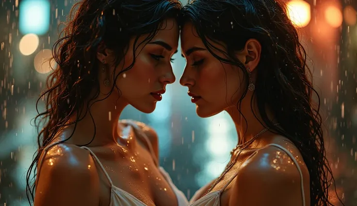 Two women in the rain at night, regard intense, One in a light dress, hot and sensual ambiance