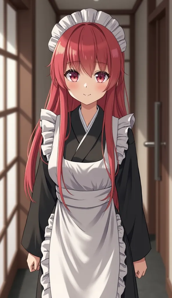 Une jeune femme de ménage japonaise, cheveux longs rose, yeux rouge, grosse poitrine. Portant une tenue de maid, robe noire, tablier blanc avec des froufrous, bas noirs moulant, couvre-chef blanc pour fille. Sourire aguicheur. Agenouillée à la méthode japo...