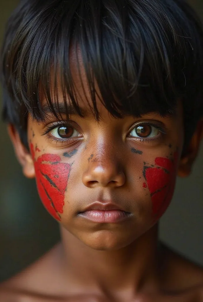 Detailed portrait of the face of an  Brazilian indigenous boy.  He has brown skin , straight and dark hair that falls slightly over the forehead,  Deep and expressive brown eyes , and a curious and determined look. His face has striking indigenous features...