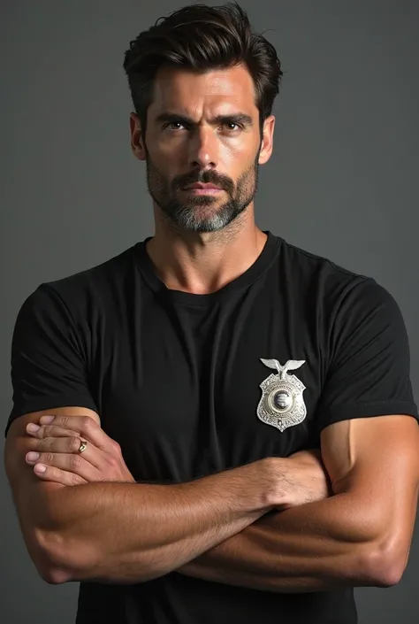 Masterpiece image ,  handsome thirty-eight-year-old man ,  masculine face similar to that of Nick Bateman , e com o Henry Cavil. with expressive eyes,  wearing a black police t-shirt and wearing a police badge with arms crossed.  full body image.