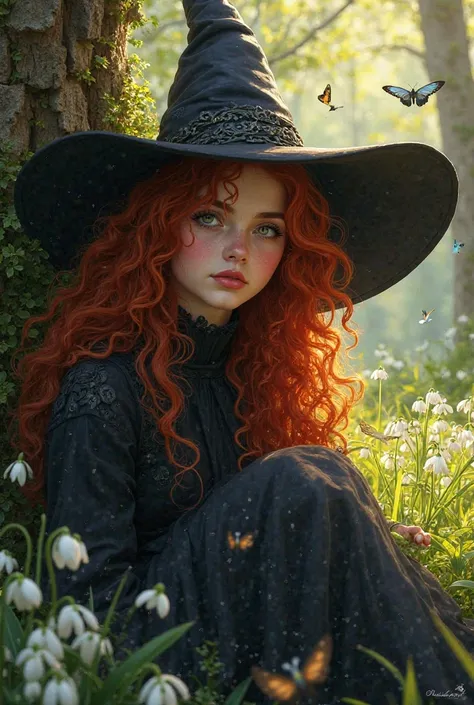 Beautiful witch
Red curly hair up to the shoulders
Witch's black hat on her head
Spring
The sun
He sits in the woods leaning on a tree
butterflies
Snowdrops