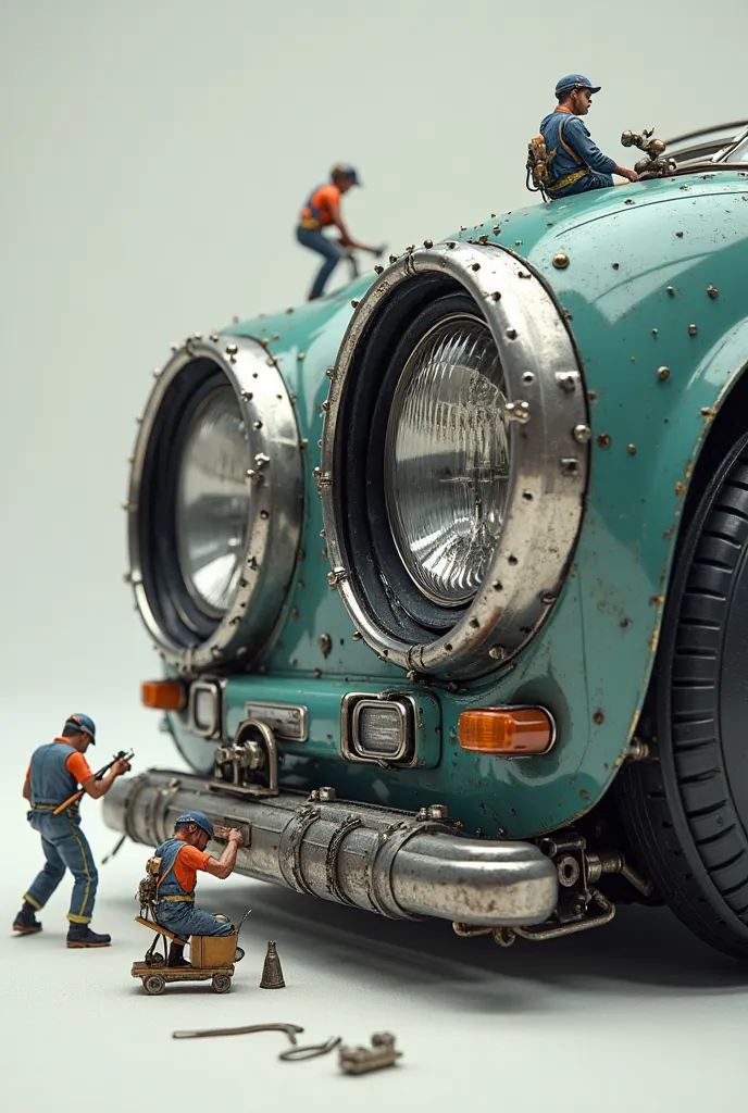 Let miniature people fix large car headlights and let it be only headlights, not cars in the image 