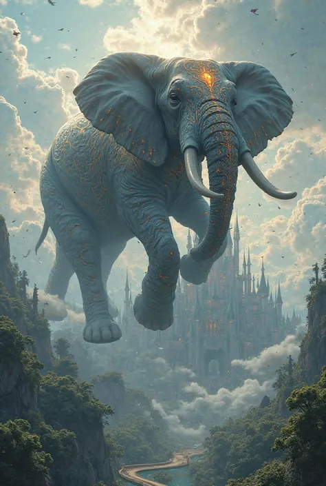 A magical elephant flying above a shining castle 