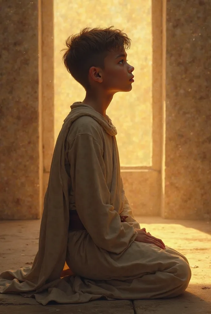 Make a kneeling age monk who has a light like religious paintings and is inspired by the youngest of the Karamazov brothers , Make it young ,  Adolescents 