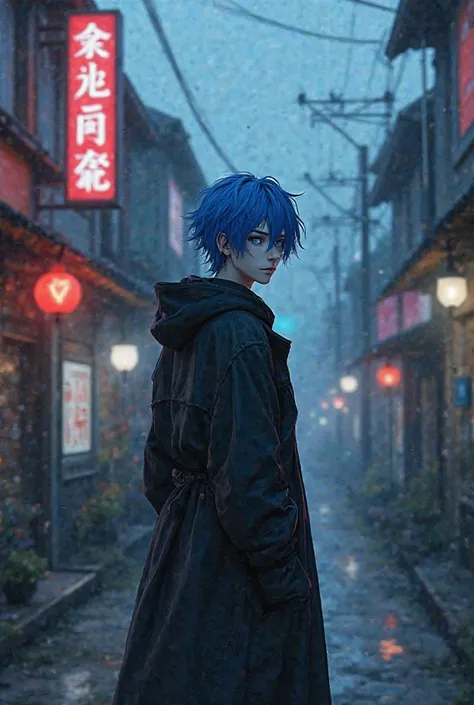 An 18 year old boy who also has blue hair and blue eyes wears black. It is very sad to have an anime anime on Anime Street