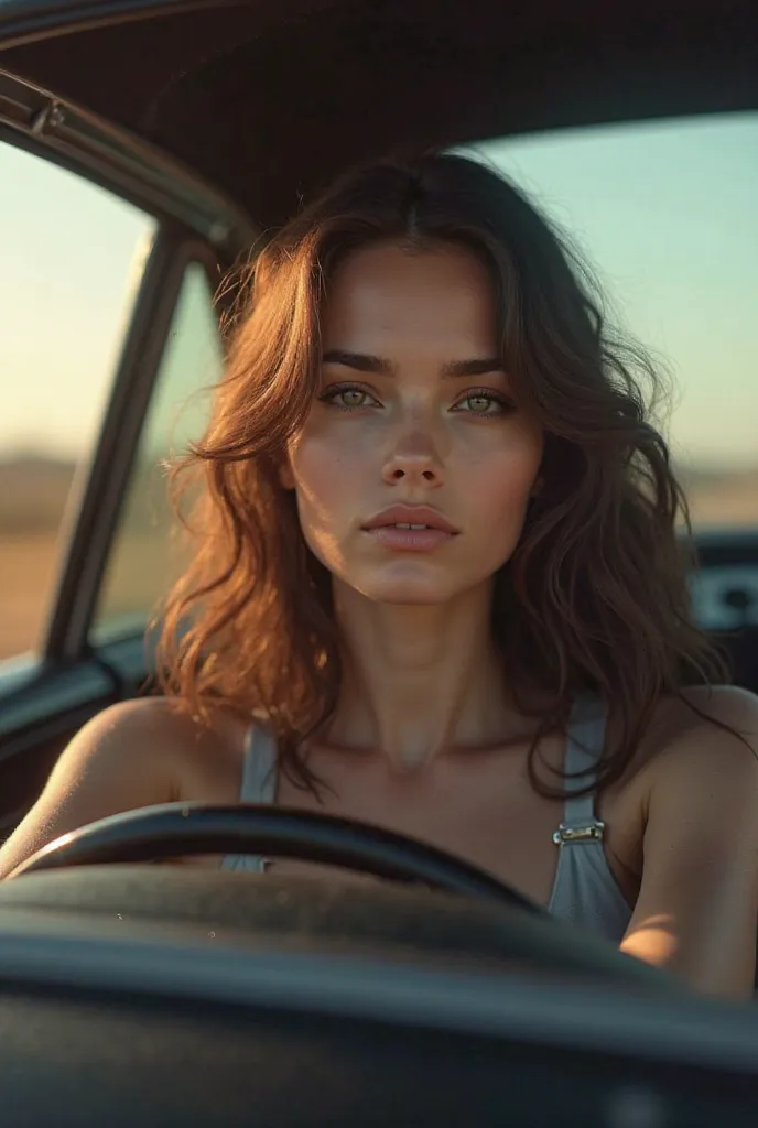 Beautiful brunette woman driving car