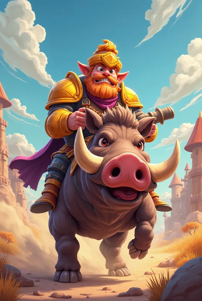 Prompt :
"Cartoon painting, bright and stylish drawing. The image of a heroic boar rider, вдохновлённого Clash Royale, elements made in a cartoon style with exaggerated features and dynamic composition. A hero with expressive facial features, dressed in br...