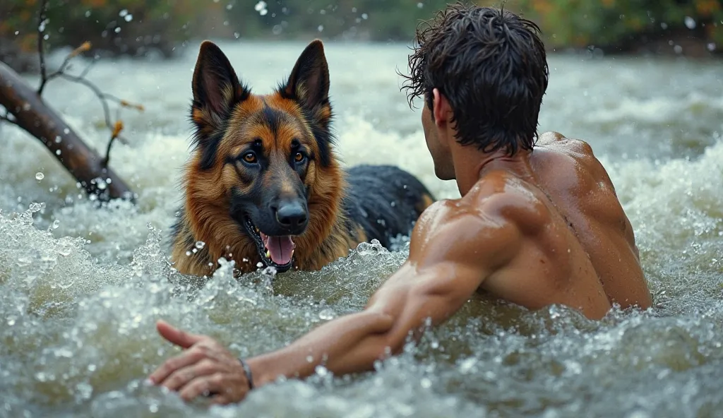 Ethan struggling against the powerful river current, his arm stretched out, fingers barely grazing the wet fur of the German Shepherd. The dog is paddling frantically, its eyes desperate, ears pinned back, and mouth slightly open. The river is relentless, ...